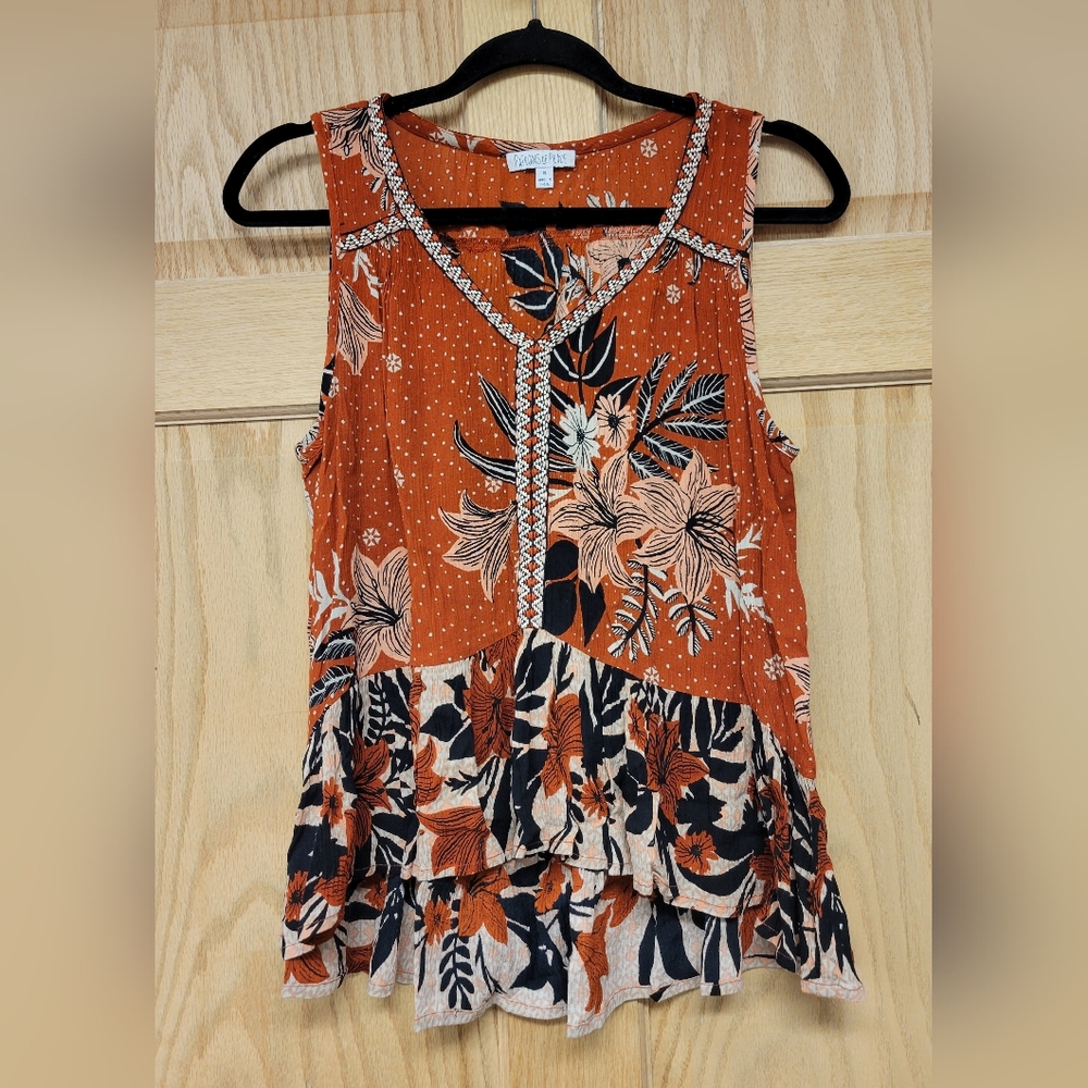 Patrons of Peace Sleeveless Hi Low Tank Blouse Woman Sz M Boho Floral Earthtones